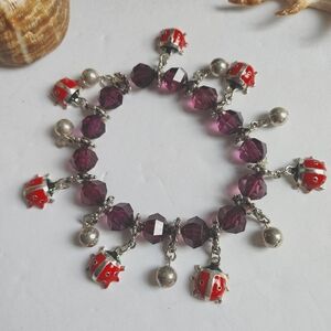 Purple Crystal Red Ladybug Stretch Bracelet
